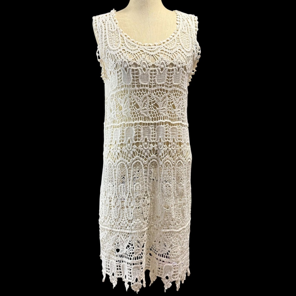 Asha OSFM Cream Crochet‎ Lace Sleeveless Dress Cotton Boho Beach Coverup